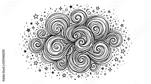 Abstract Black and White Line Art with Decorative Swirls and Cosmic Stars for Creative Design