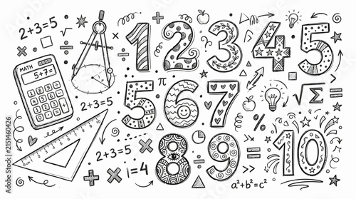 Creative Black and White Doodle Illustration of Numbers and Math Tools for Students