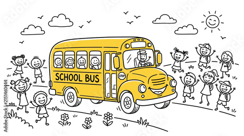 Cheerful Elementary Students Boarding a Yellow School Bus for Their Daily Journey