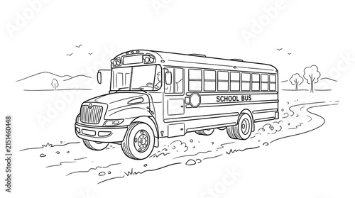 School Bus Outline Illustration Driving Through a Rural Landscape for Education and Coloring Activity