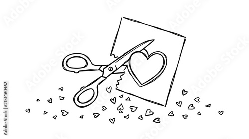 Black Line Drawing of Scissors Cutting a Paper Heart with Small Heart Confetti Scattered Around