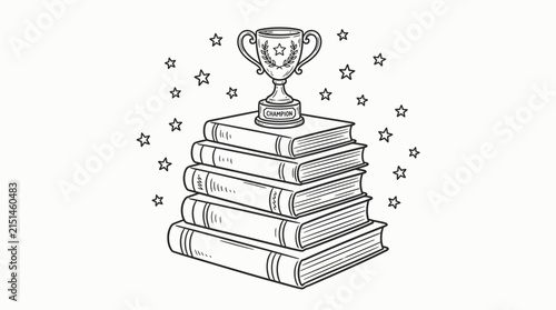Educational Success Concept with Winner Trophy on Stack of Books and Stars Black Line Doodle Illustration