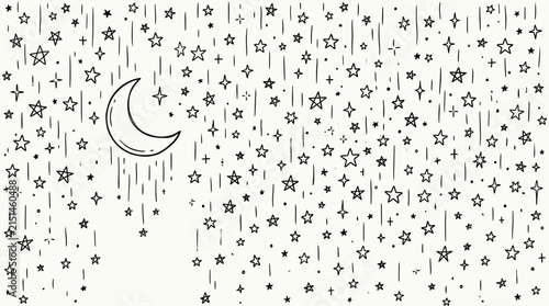 Hand Drawn Black Line Art Illustration of a Night Sky with Crescent Moon and Sparkling Stars