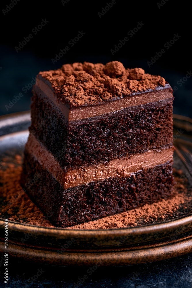 Fototapeta premium Rich chocolate cake slice on rustic plate