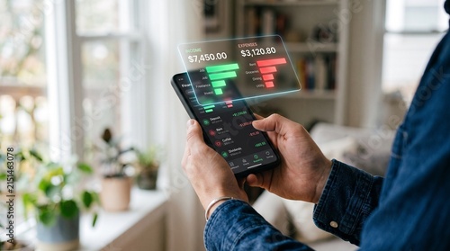 Mobile finance management concept with person checking real time transactions, digital income and expense tracking, and financial data analytics on smartphone for personal budgeting and smart banking