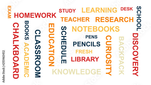 Colorful Educational Word Cloud on White Background. This vibrant typography design features essential school and learning terms like homework, classroom, and discovery arranged in a modern layout.