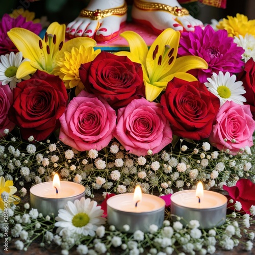 Vibrant floral arrangement with red pink, yellow roses lilies, daisies. Three lit tealight candles glow among baby breath flowers at base of sacred statue. Spiritual offering for prayer devotion