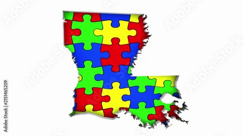 Louisiana LA State Map Autism Puzzle Pieces Awareness Autistic Symbol Spectrum 3d Animation