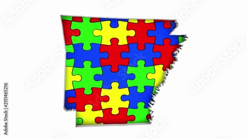 Arkansas AR State Map Autism Puzzle Pieces Awareness Autistic Symbol Spectrum 3d Animation