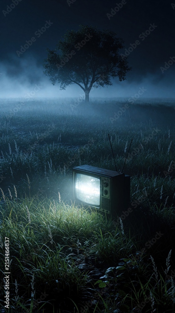 Fototapeta premium Retro television set glows brightly in misty, dark field at night. Solitary tree stands silhouetted against foggy sky, creating eerie, mysterious atmosphere. Scene evokes feelings of isolation,