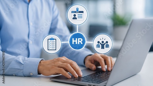 Human resources professional working on laptop with hr management icons, concept of talent acquisition and employee management