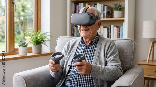Happy senior man enjoying virtual reality gaming with a headset and controllers in a cozy living room.