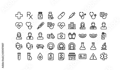 Medicine and Healthcare Medical Equipment Linear Web Icon Set with RX Hospital Doctor MRI and Laboratory Symbols