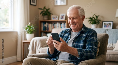 Happy senior man smiling while using a smartphone, sitting comfortably in an armchair in his cozy home.