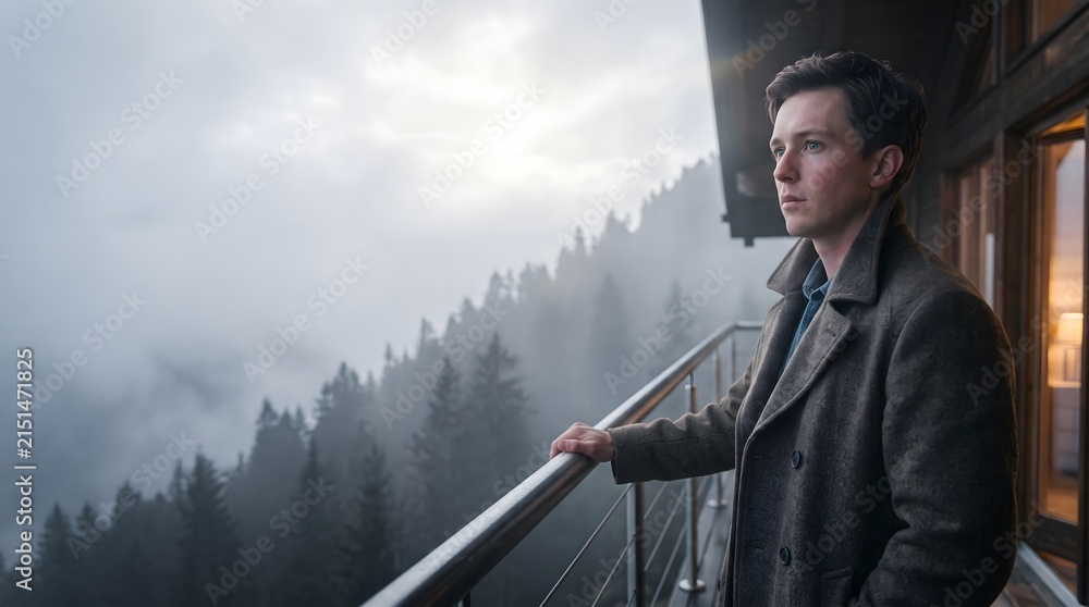 Fototapeta premium Thoughtful caucasian man standing on outdoor balcony. Serious male watching misty pine forest mountain view, for quiet getaway.