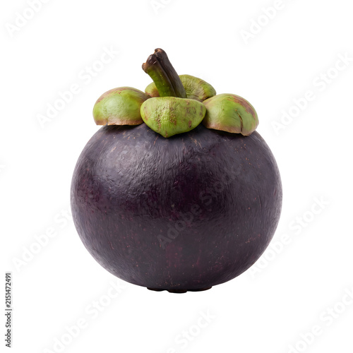 Whole purple mangosteen fruit with green calyx isolated