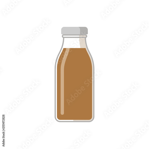 Clear glass bottle with brown liquid drink.