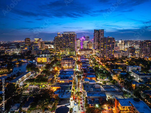 Fort Lauderdale City Skyline at Twilight with Vibrant Sunset Sky Over Las Olas Boulevard, South Florida