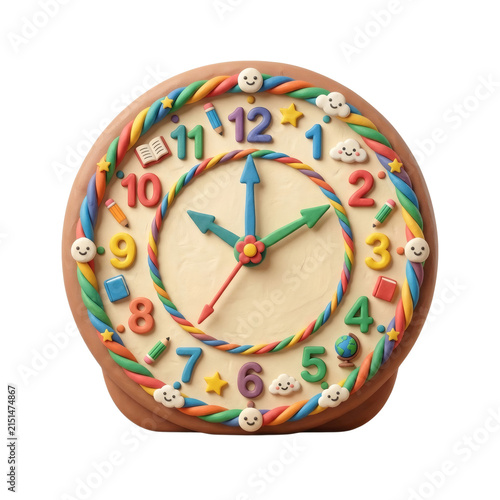 Handmade plasticine clock with educational icons on gray background