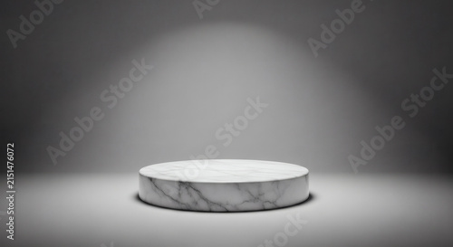 Minimalist white marble podium pedestal for product showcase concept on spotlighted gray background