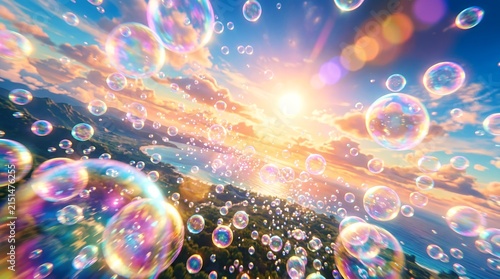 Iridescent bubbles floating over coastal sunset