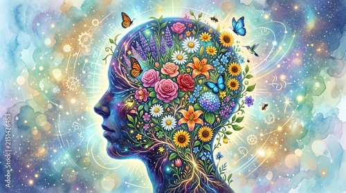 Human head profile silhouette filled with vibrant spring flowers.