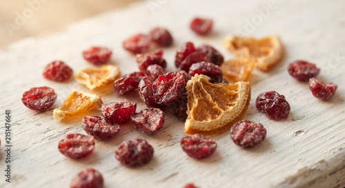 Dried Cranberries and Orange Slices on Rustic White Wood, Fall Baking Ingredients and Seasonal Food Concept