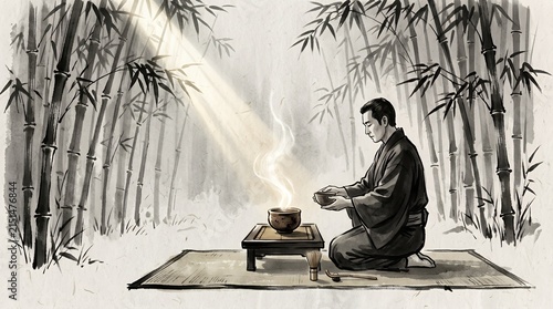 Ink painting of a man performing tea ceremony.