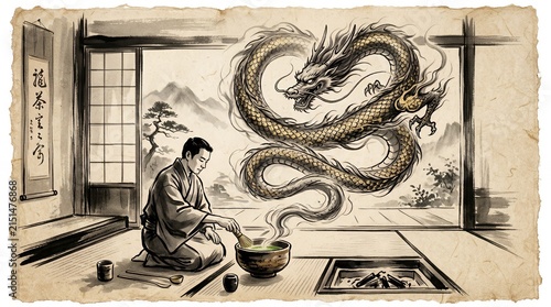 Ink painting of man and dragon at tea ceremony.