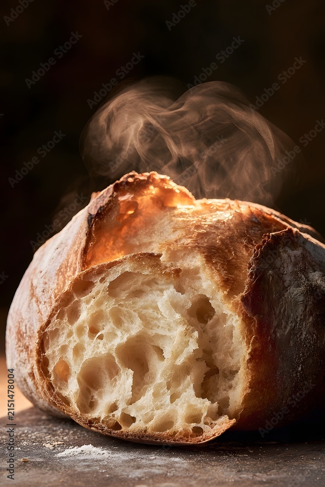 Fototapeta premium Fresh rustic artisanal bread loaf with rising steam
