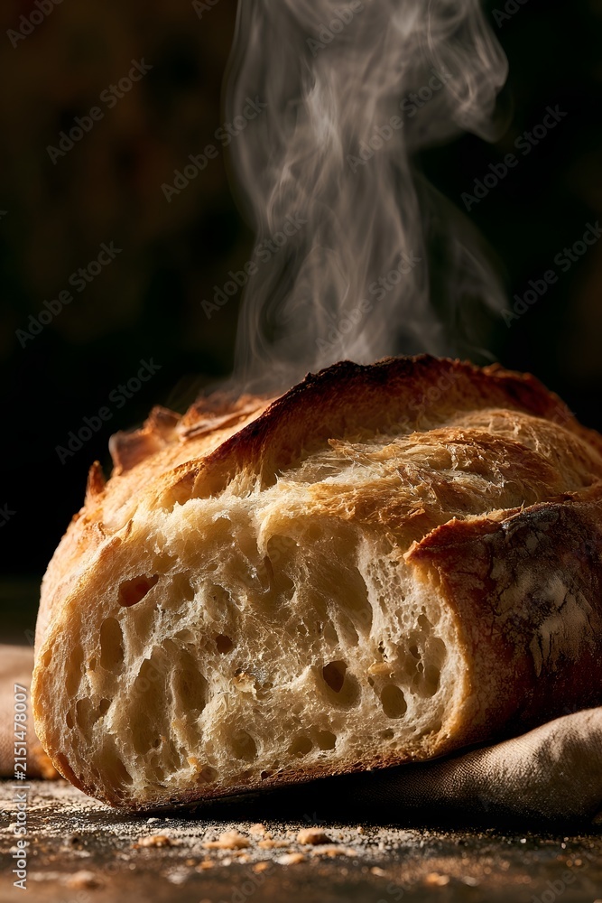 Fototapeta premium Fresh rustic artisanal bread loaf with rising steam
