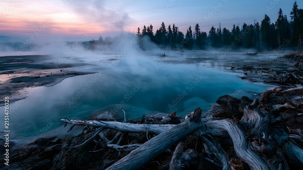 Fototapeta premium Geothermal Hot Spring at Blue Hour with Steam