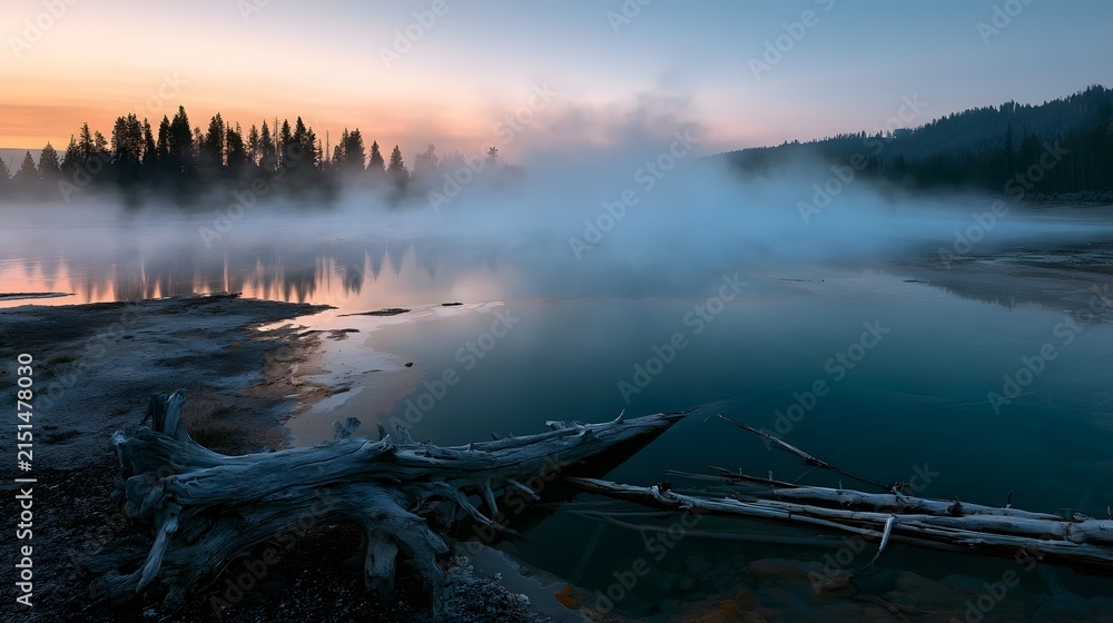 Fototapeta premium Geothermal Hot Spring at Blue Hour with Steam