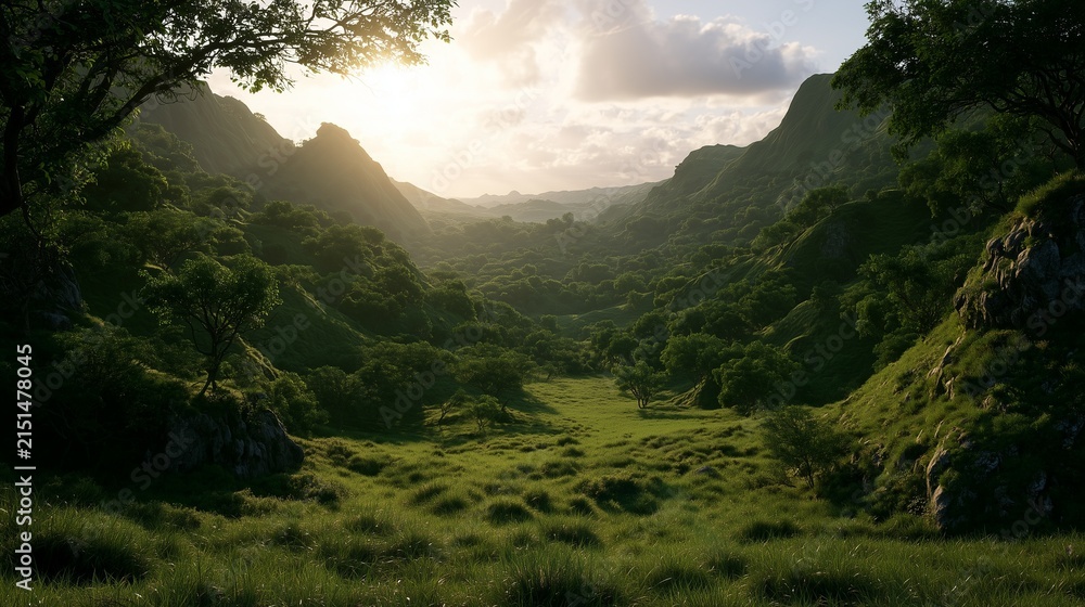 Fototapeta premium Lush Green Valley at Sunrise with Cinematic Lighting