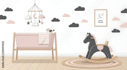 Cozy baby nursery interior illustration with pink bassinet wooden rocking horse hanging mobile and cloud wall decor.