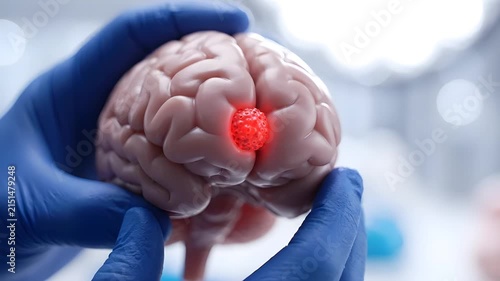 Surgeon hands in blue gloves holding human brain model with glowing red tumor concept of brain cancer or neurological disease