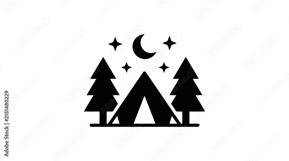 Obraz premium Vector illustration of camping tent icon with pine trees and moon under starry night sky on a transparent background