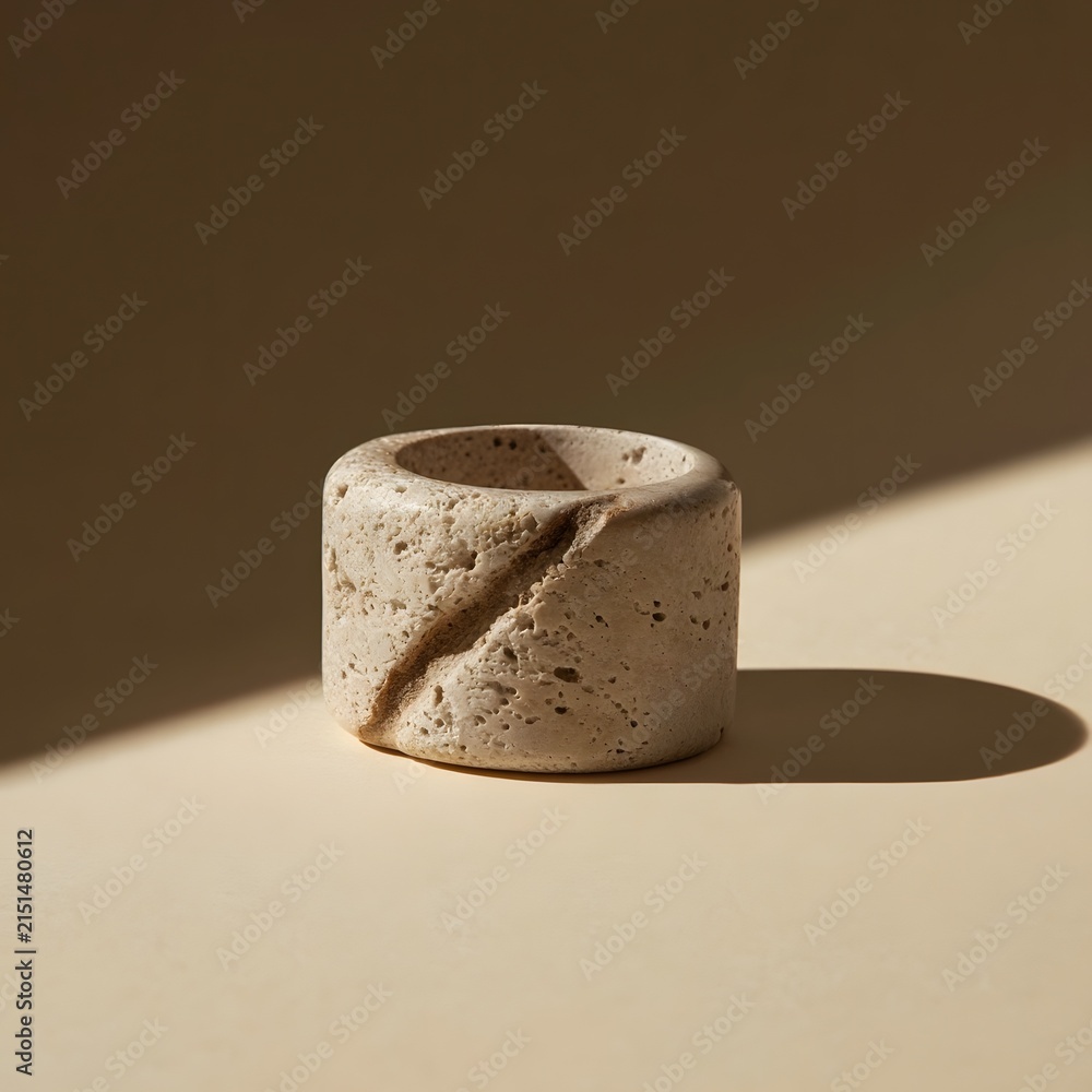 Fototapeta premium Sculpted travertine stone ring on beige backdrop