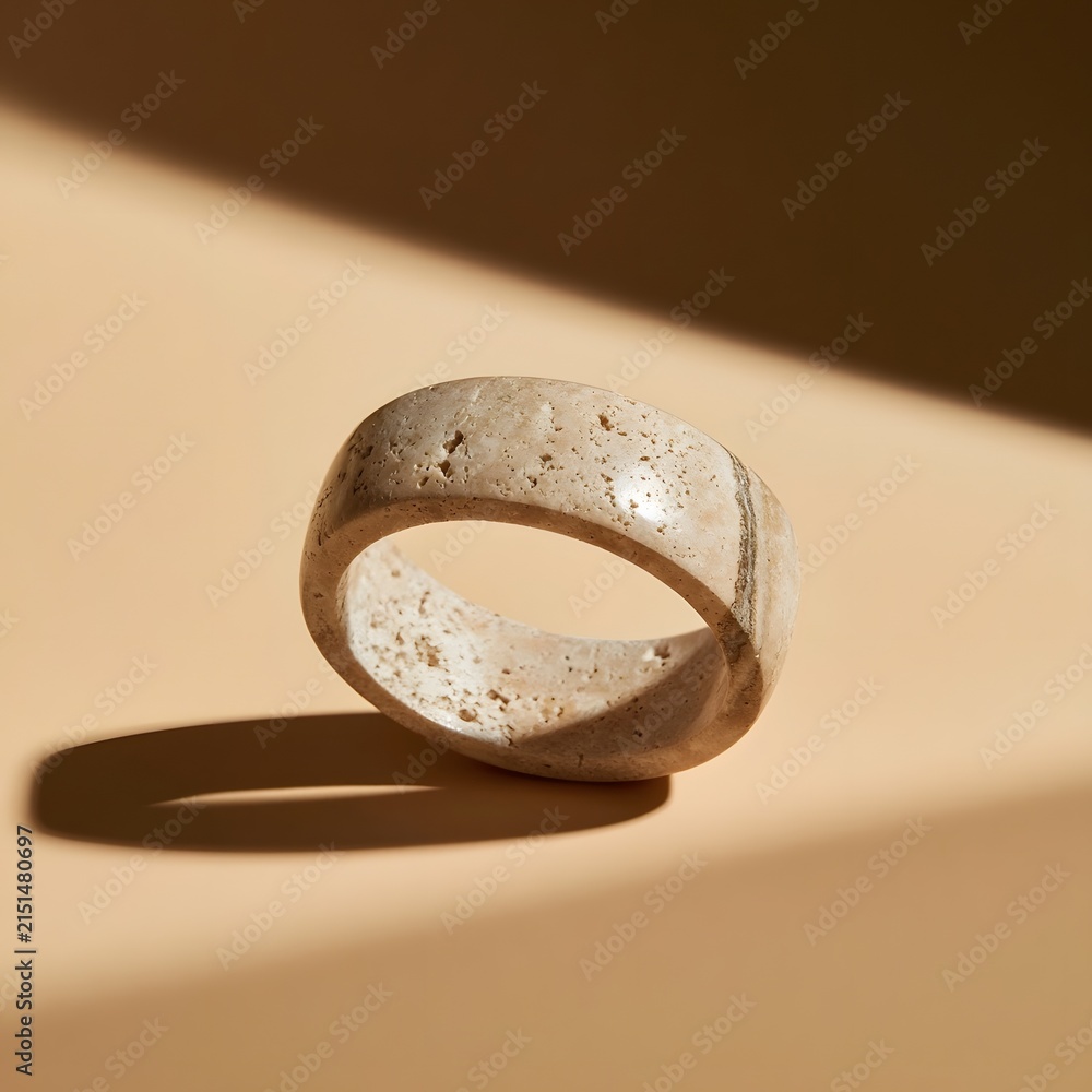 Fototapeta premium Sculpted travertine stone ring on beige backdrop