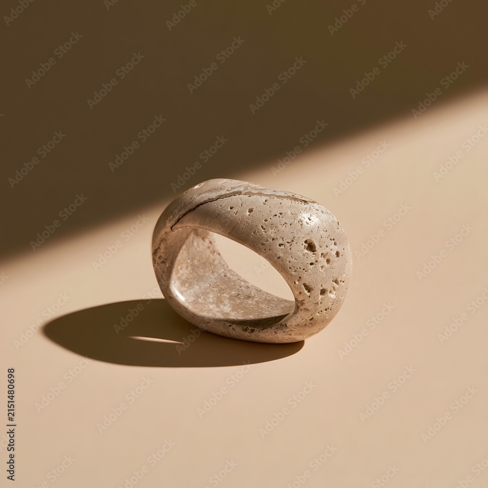 Fototapeta premium Sculpted travertine stone ring on beige backdrop