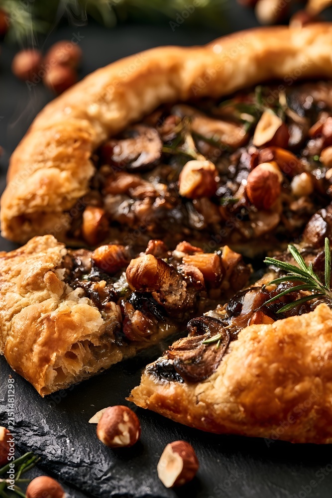 Fototapeta premium Warm mushroom galette being cut with steam rising