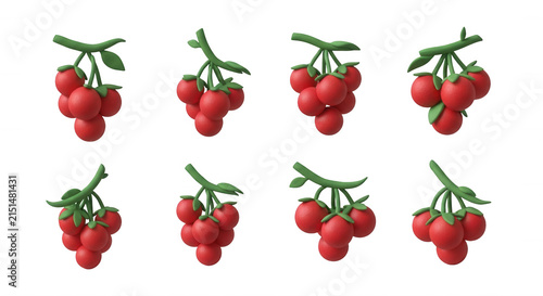 collection of ripe red cherry tomatoes on green stems against a white backdrop culinary or illustrative purposes