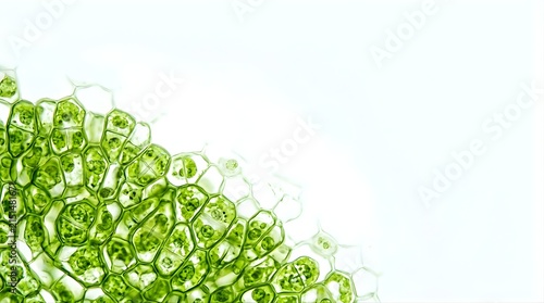 Microscopic view of plant leaf cells with chloroplasts on white background