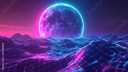 Neon moon rising over purple synthwave wireframe mountains.