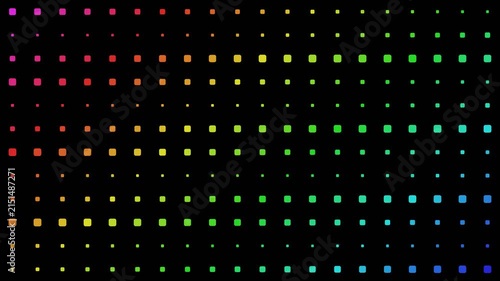 Vibrant rainbow halftone grid with glowing square dots shifting on dark backdrop