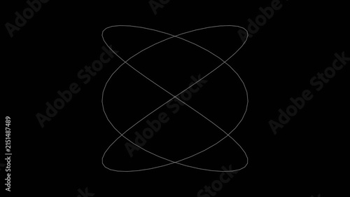 White lissajous curves oscillating on a black background showing mathematical harmonograph patterns