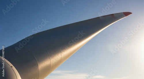Close Up View of Wind Turbine Blade Against Blue Sky with Sunlight Representing Renewable Clean Energy