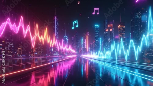 Neon city street with musical sound wave frequency lines.
