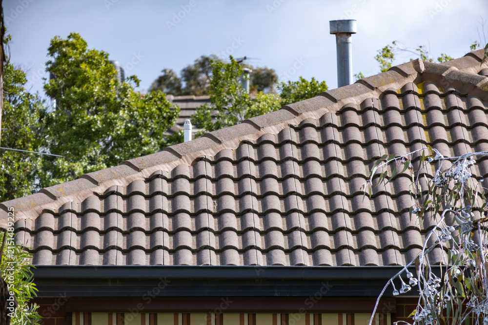 Obraz premium Terracotta tiled roofline of a suburban home with a metal flue vent, guttering, and mature trees in the background. Roof of a residential house in Melbourne, Australia. Concept of roofing, maintenance