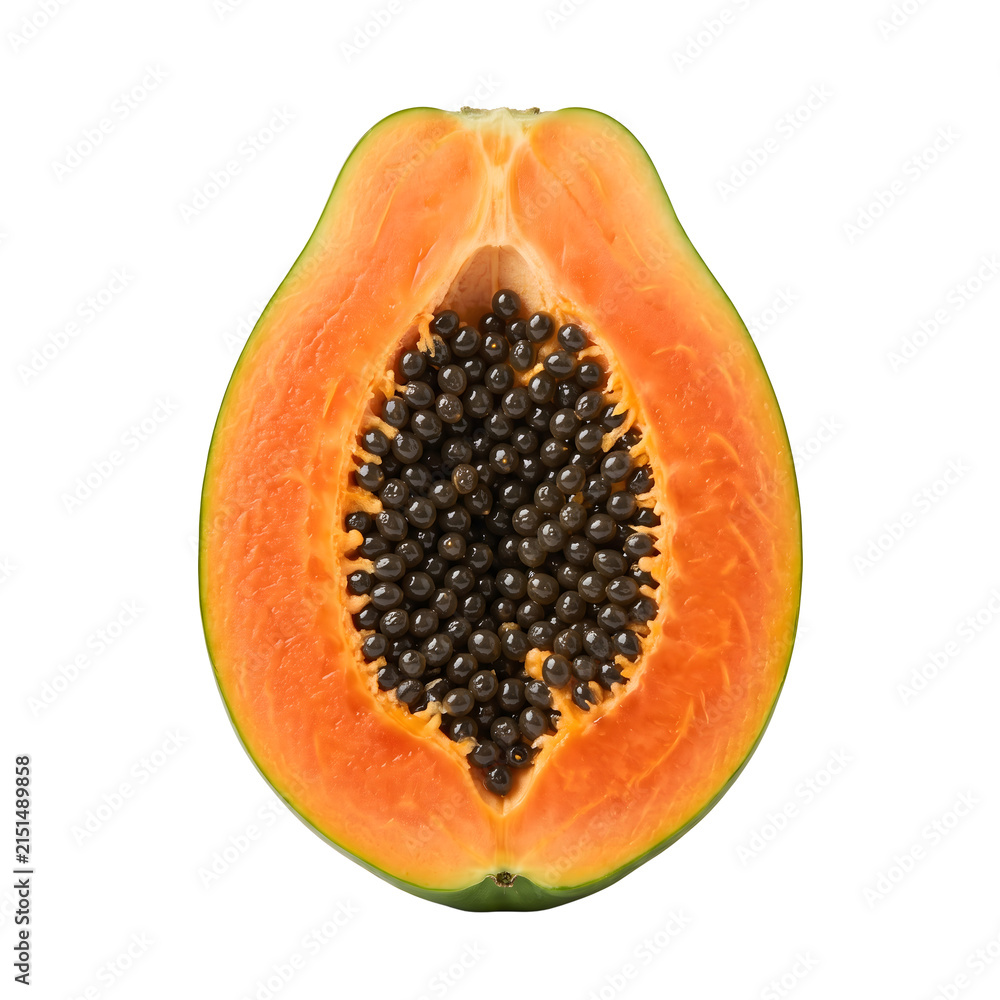 Fototapeta premium Half fresh papaya fruit showing black seeds isolated